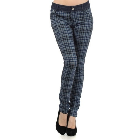 Women's 2 Tone Plaid Jersey Leggings Pants Pockets - Picture 2 of 6